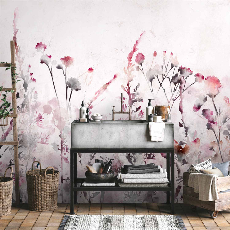 Wall Mural Watercolour meadow - delicate plants in shades of pink on a light background 134453 additionalImage 8