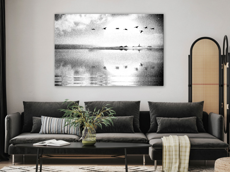 Canvas Flight of Birds over the Lake (1-piece) Wide - black and white landscape 143353 additionalImage 3