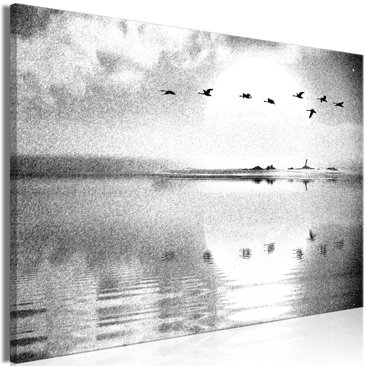 Canvas Flight of Birds over the Lake (1-piece) Wide - black and white landscape 143353 additionalImage 2