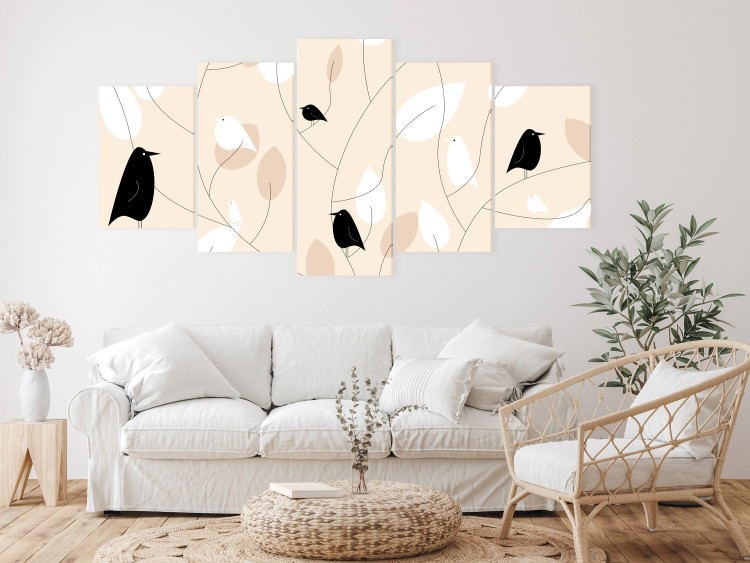 Canvas Print Chirping Birds (5-piece) Wide - beige composition in leaves 143753 additionalImage 3
