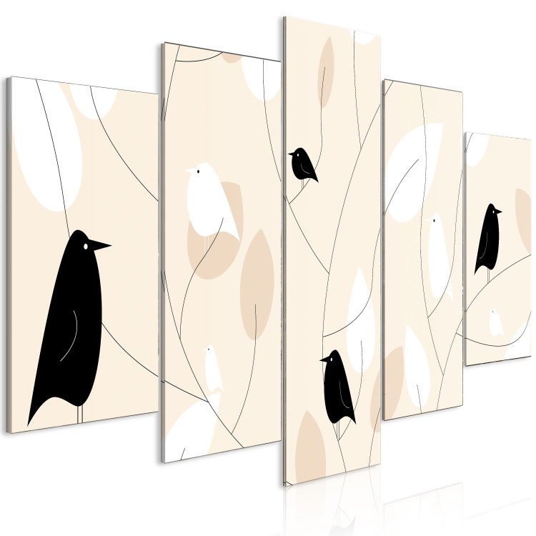 Canvas Print Chirping Birds (5-piece) Wide - beige composition in leaves 143753 additionalImage 2