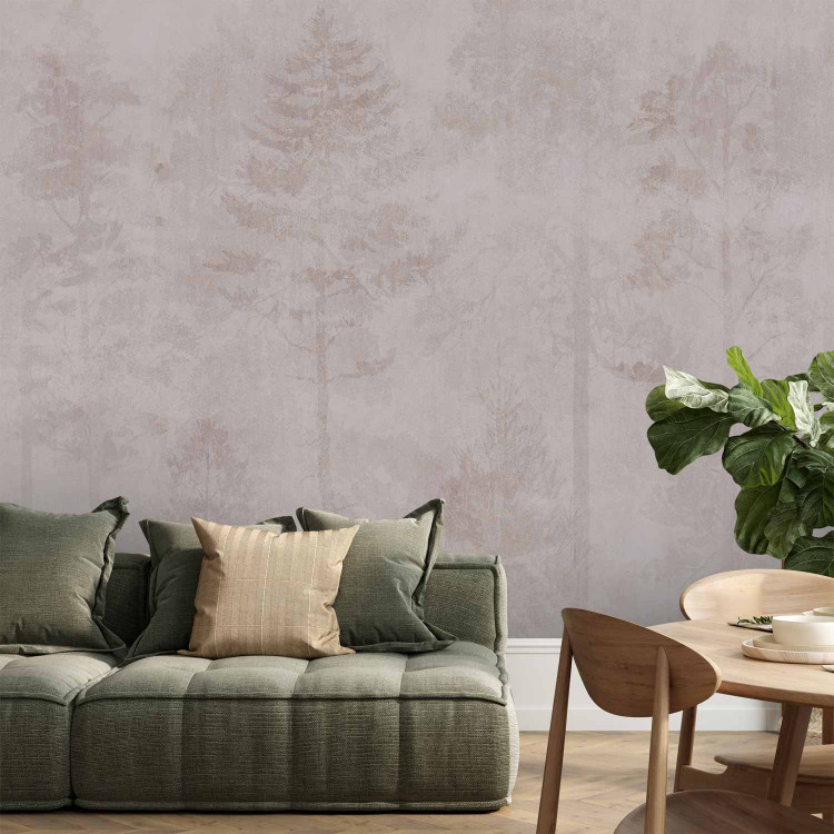 Wall Mural Sleepy Forest - Graphics With Trees on a Stone Beige-Pink Background 145253