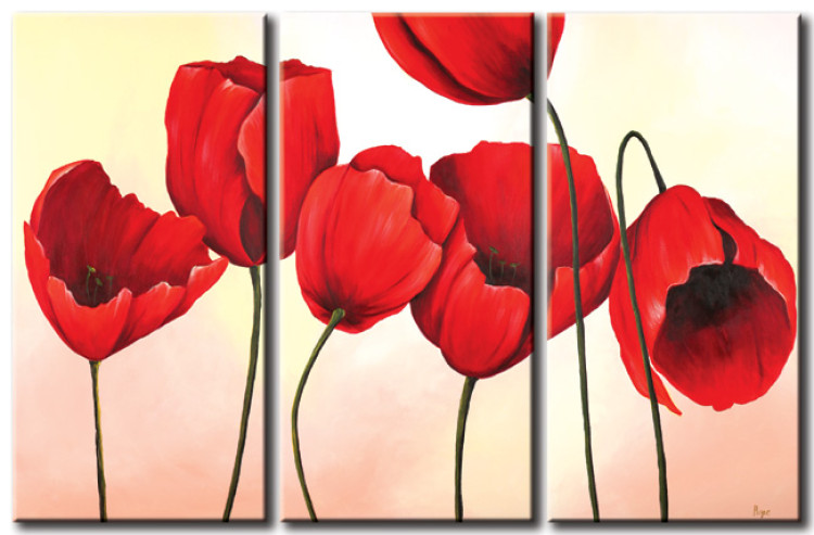 Canvas Print Red Flowers (3-piece) - Composition of tulips on a pastel background 48653