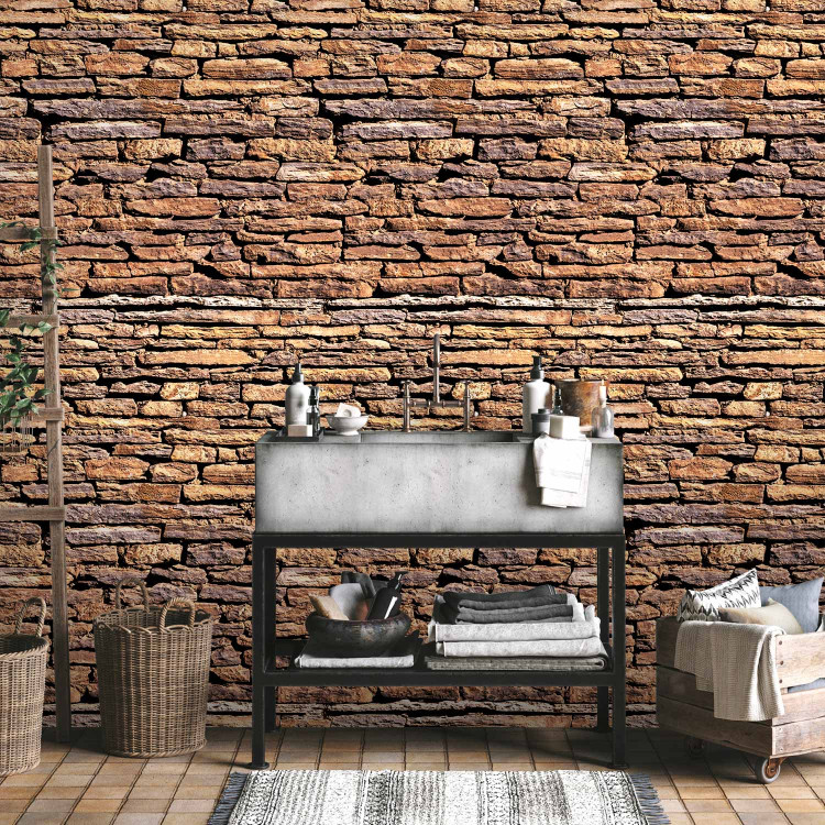 Photo Wallpaper Sunlit Wall - Stone Background with Mahogany Brick Effect in 3D 60953 additionalImage 8