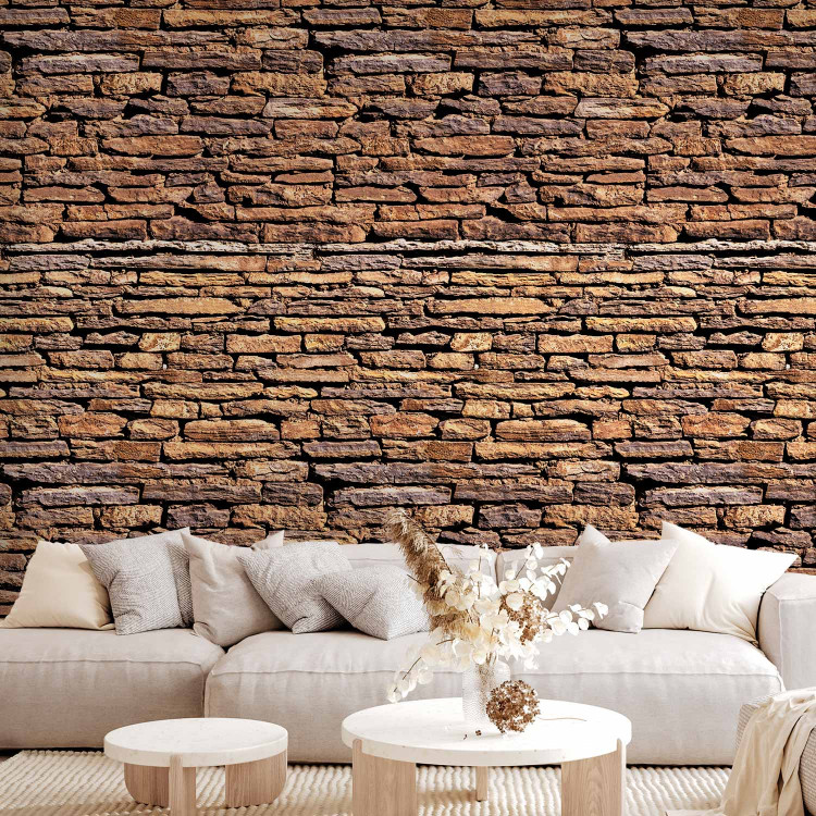 Photo Wallpaper Sunlit Wall - Stone Background with Mahogany Brick Effect in 3D 60953