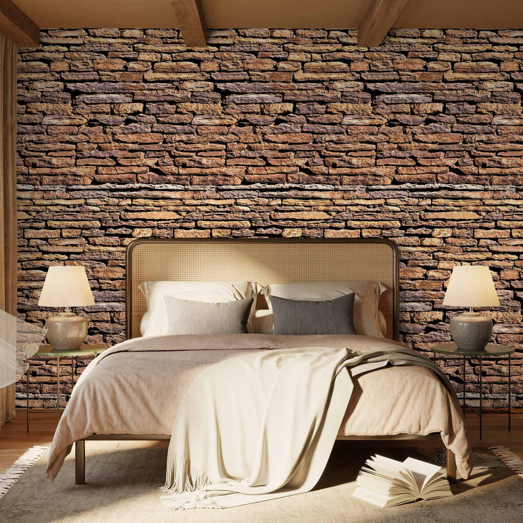 Photo Wallpaper Sunlit Wall - Stone Background with Mahogany Brick Effect in 3D 60953 additionalImage 2