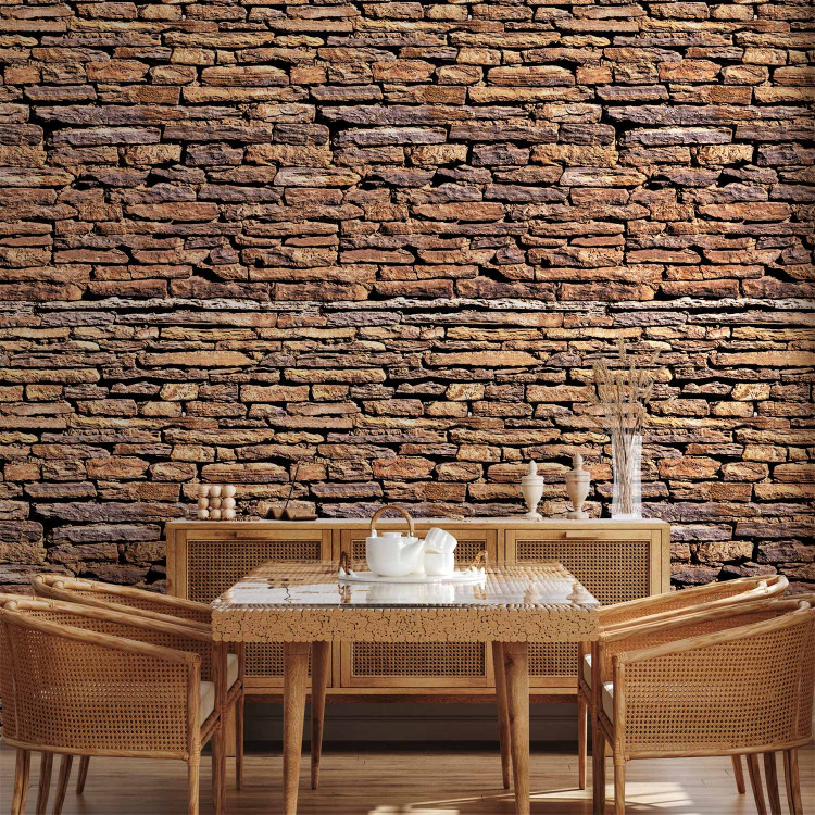 Photo Wallpaper Sunlit Wall - Stone Background with Mahogany Brick Effect in 3D 60953 additionalImage 6