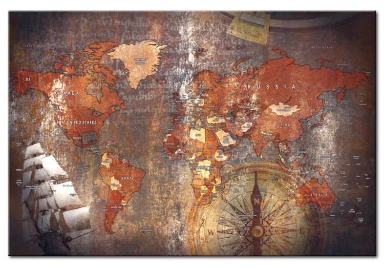 Canvas Art Print Through History by Ship (1-part) - Retro-Style World Map 96053