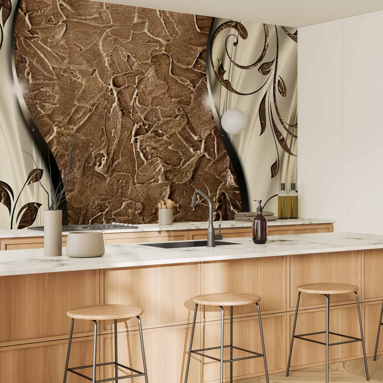 Wall Mural Composition with leaves - brown texture with shiny light silk 97153 additionalImage 7