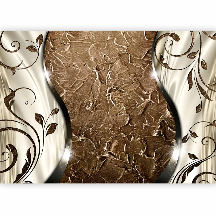 Wall Mural Composition with leaves - brown texture with shiny light silk 97153 additionalImage 1