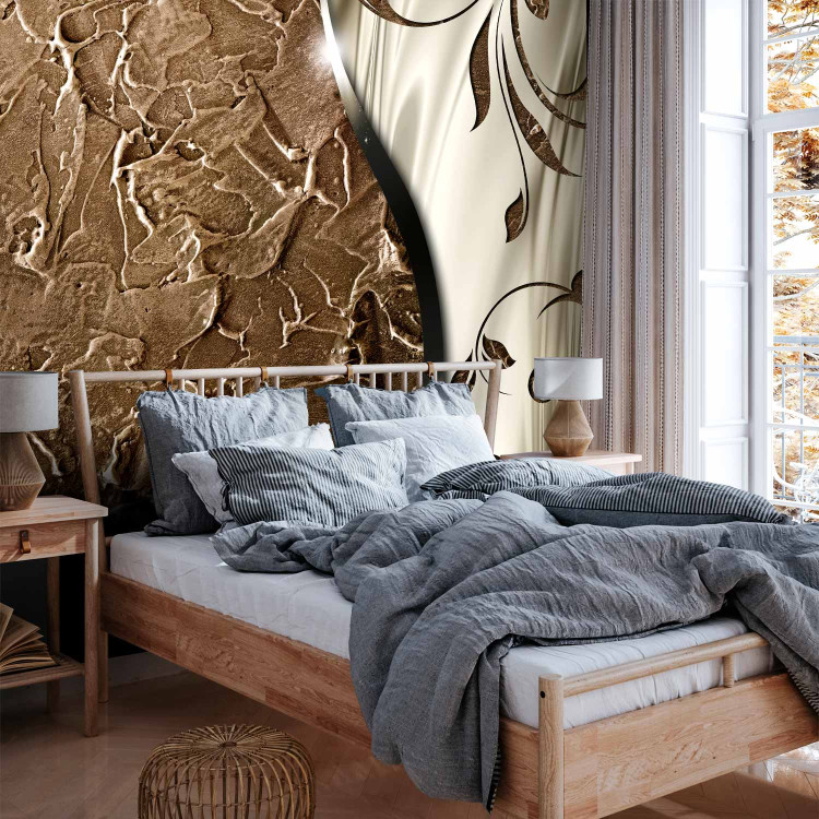 Wall Mural Composition with leaves - brown texture with shiny light silk 97153 additionalImage 2
