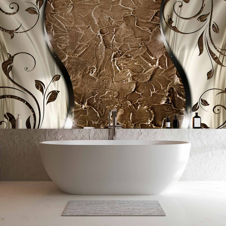 Wall Mural Composition with leaves - brown texture with shiny light silk 97153 additionalImage 8