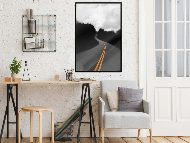 Poster Double continuous line - black and white street landscape among trees and clouds 114963 additionalImage 3