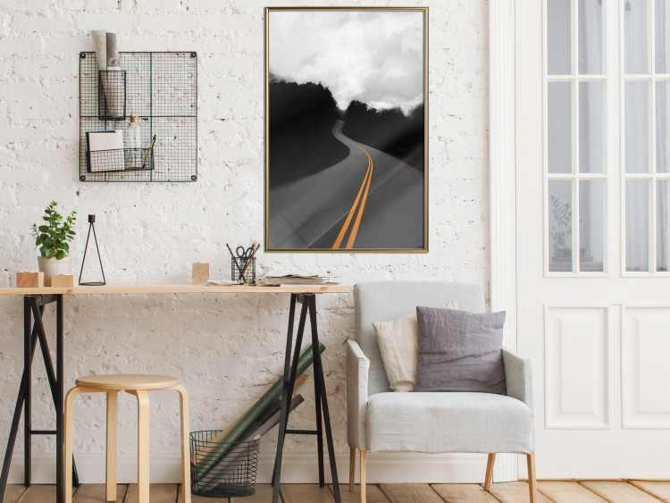 Poster Double continuous line - black and white street landscape among trees and clouds 114963 additionalImage 7
