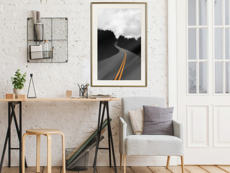 Poster Double continuous line - black and white street landscape among trees and clouds 114963 additionalImage 21