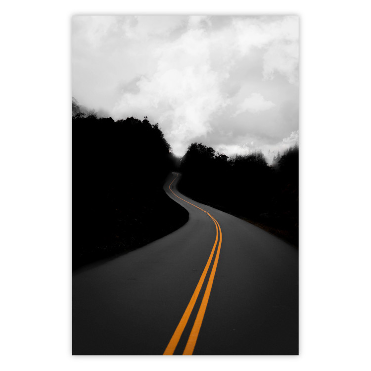Poster Double continuous line - black and white street landscape among trees and clouds 114963