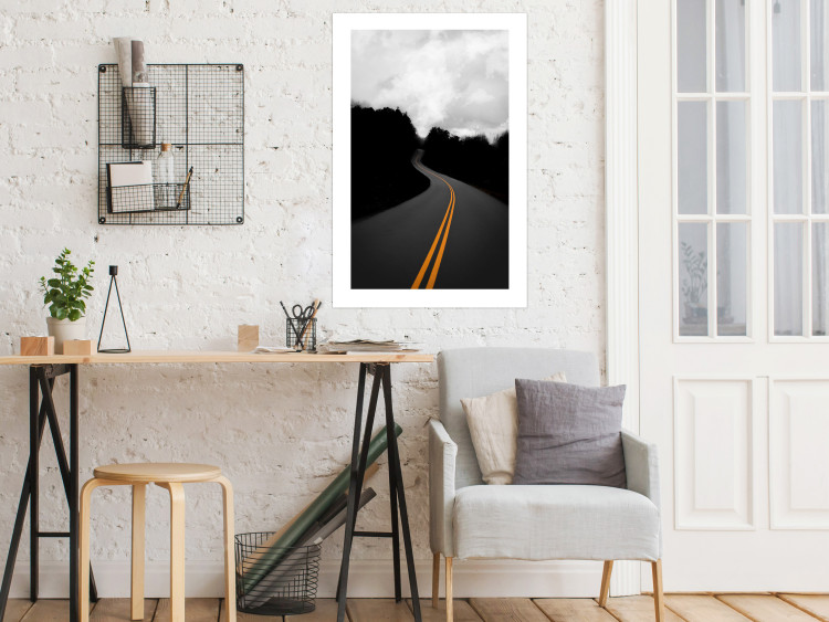 Poster Double continuous line - black and white street landscape among trees and clouds 114963 additionalImage 2