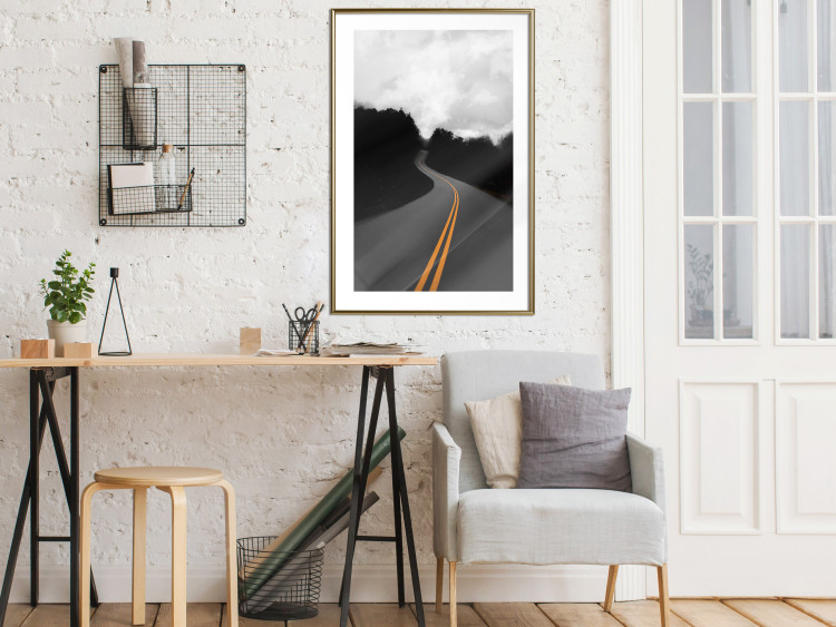 Poster Double continuous line - black and white street landscape among trees and clouds 114963 additionalImage 15
