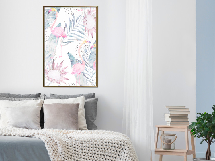 Wall Poster Exotic Mist - tropical abstraction with pink flamingos among leaves 118263 additionalImage 7
