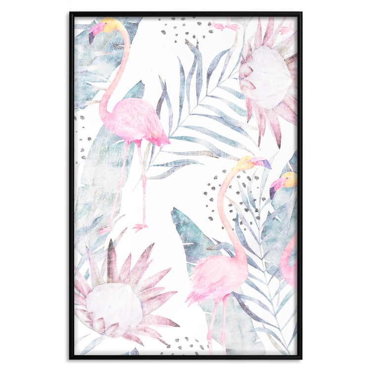 Wall Poster Exotic Mist - tropical abstraction with pink flamingos among leaves 118263 additionalImage 24
