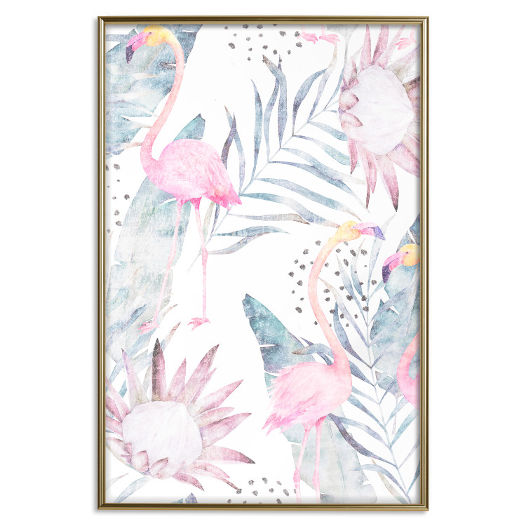 Wall Poster Exotic Mist - tropical abstraction with pink flamingos among leaves 118263 additionalImage 20