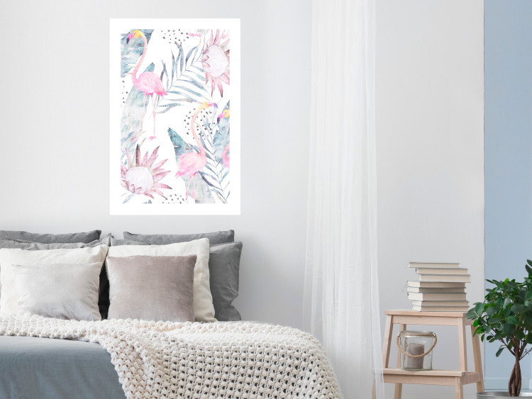 Wall Poster Exotic Mist - tropical abstraction with pink flamingos among leaves 118263 additionalImage 4