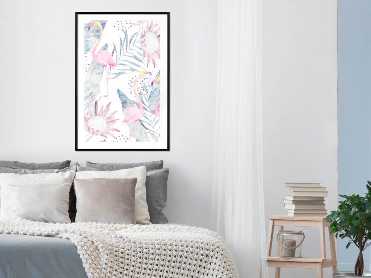 Wall Poster Exotic Mist - tropical abstraction with pink flamingos among leaves 118263 additionalImage 4