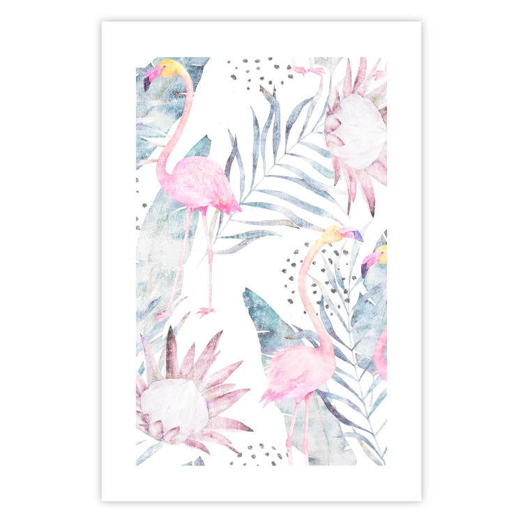 Wall Poster Exotic Mist - tropical abstraction with pink flamingos among leaves 118263 additionalImage 19