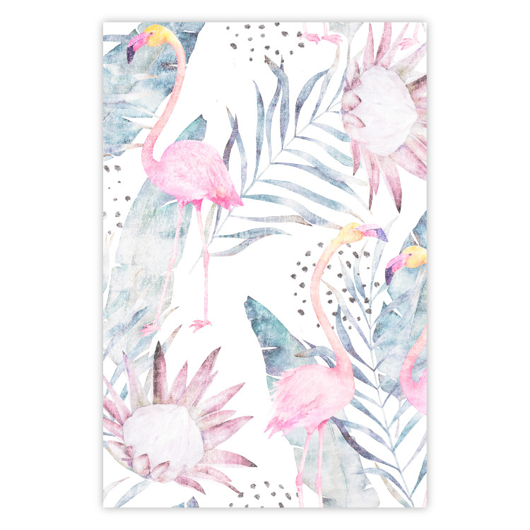 Wall Poster Exotic Mist - tropical abstraction with pink flamingos among leaves 118263