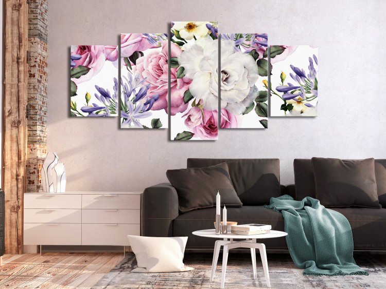 Canvas Print Girly roses - colourful, pastel flowers and leaves on a white 118363 additionalImage 3