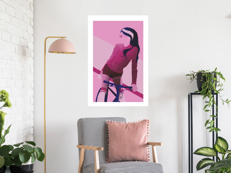 Poster Woman on Bike - woman and bike in pastel pink motif 123363 additionalImage 2