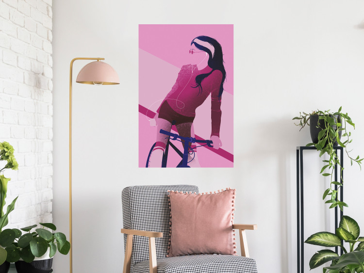 Poster Woman on Bike - woman and bike in pastel pink motif 123363 additionalImage 17