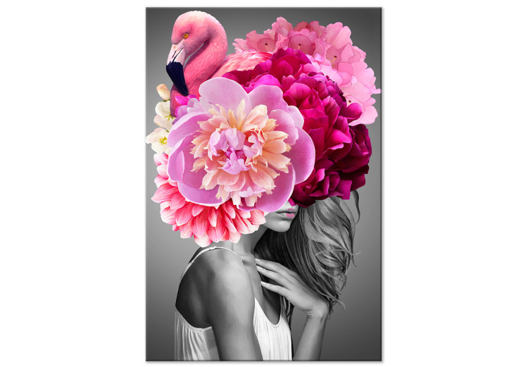 Canvas Flamingo Girl (1-part) vertical - woman with bird and peony 127463