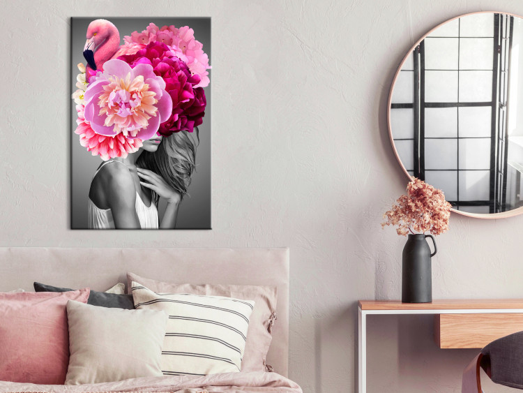 Canvas Flamingo Girl (1-part) vertical - woman with bird and peony 127463 additionalImage 3