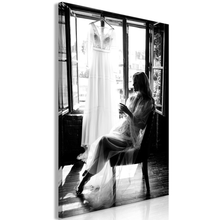 Canvas Print Woman and wedding dress - black and white photo with sitting woman 132263 additionalImage 2