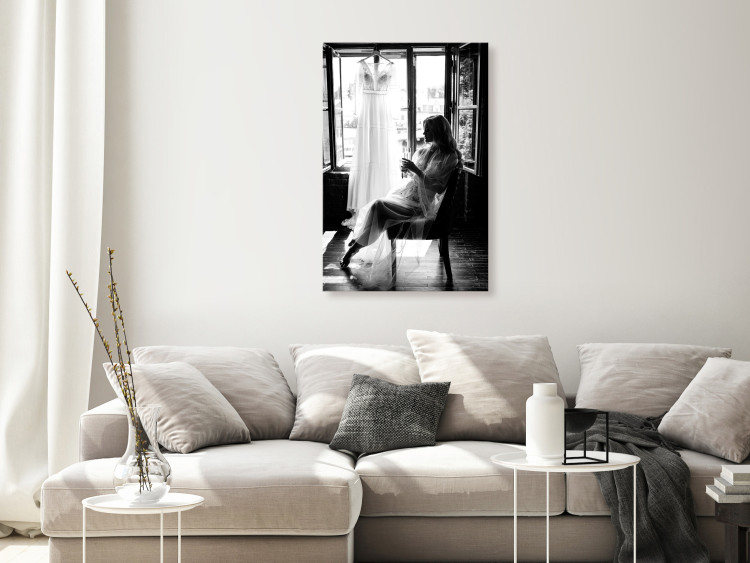 Canvas Print Woman and wedding dress - black and white photo with sitting woman 132263 additionalImage 3