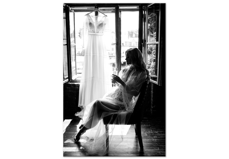 Canvas Print Woman and wedding dress - black and white photo with sitting woman 132263