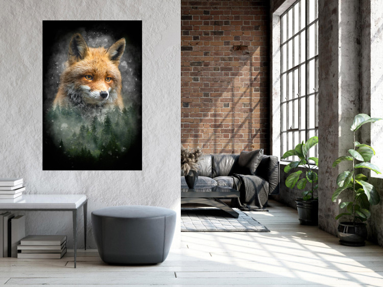 Wall Poster Forest Life - fanciful landscape of a fox and green forest on a black background 138063 additionalImage 7