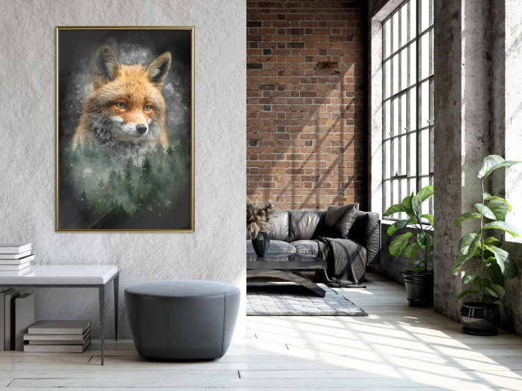 Wall Poster Forest Life - fanciful landscape of a fox and green forest on a black background 138063 additionalImage 11