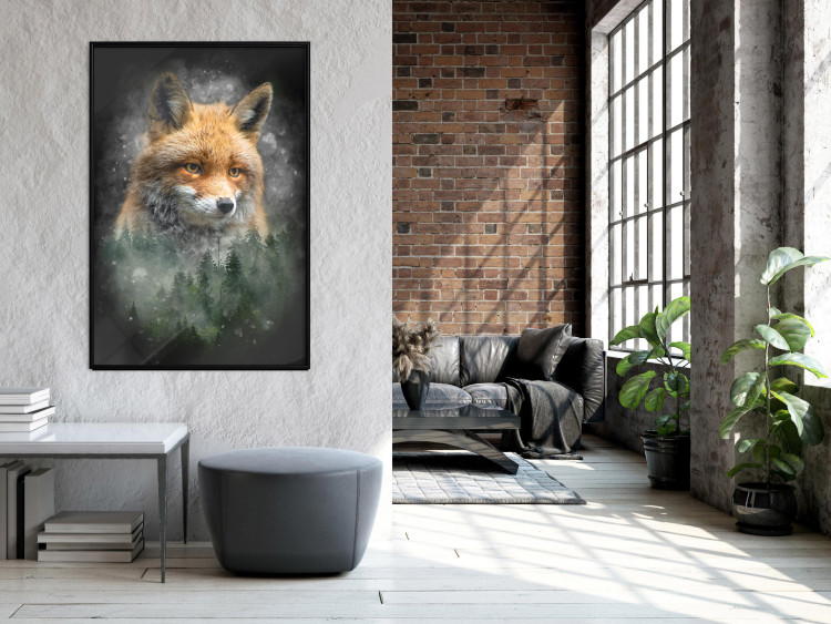 Wall Poster Forest Life - fanciful landscape of a fox and green forest on a black background 138063 additionalImage 13