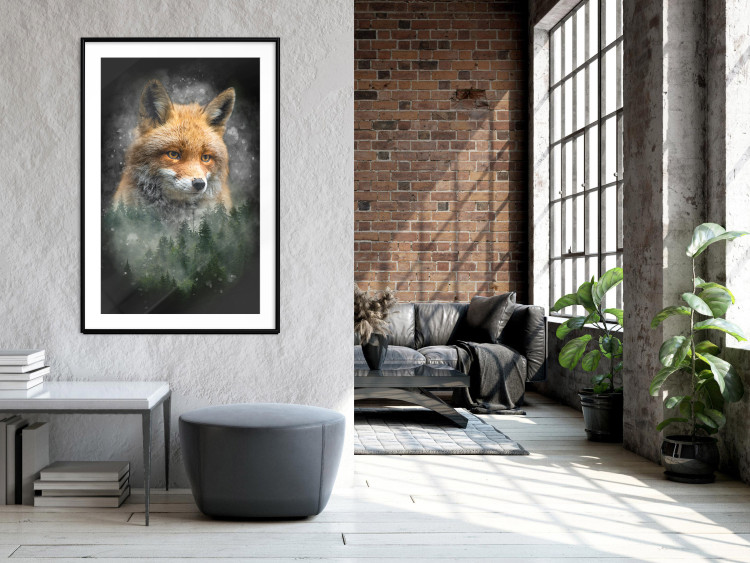 Wall Poster Forest Life - fanciful landscape of a fox and green forest on a black background 138063 additionalImage 10