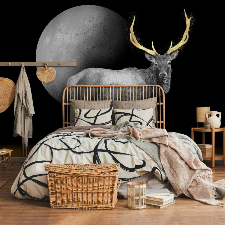 Wall Mural Deer in grey - animal with golden elements on a moon background 143263 additionalImage 2