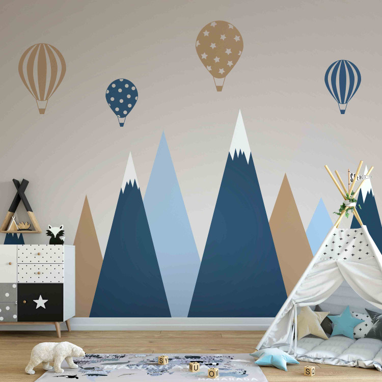 Photo Wallpaper Children's landscape - graphic with balloons over blue and beige mountains 144963 additionalImage 4