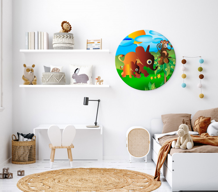 Round Canvas Happy Afternoon in the Savannah - Two Brown Elephants and a Funny Monkey 148763 additionalImage 3