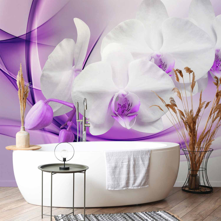 Wall Mural Flowers of Nature - White orchid flower on a background with a purple pattern 61863 additionalImage 8