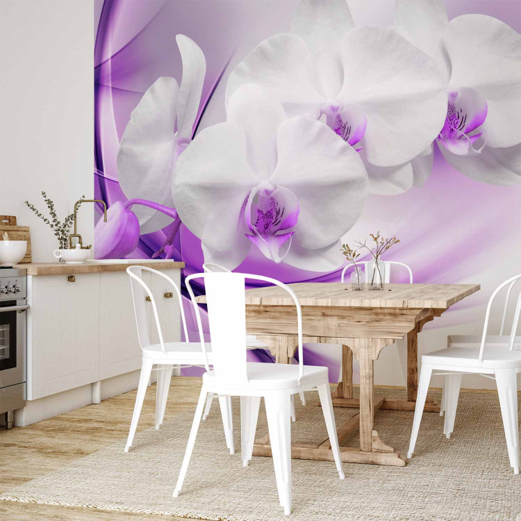 Wall Mural Flowers of Nature - White orchid flower on a background with a purple pattern 61863 additionalImage 7