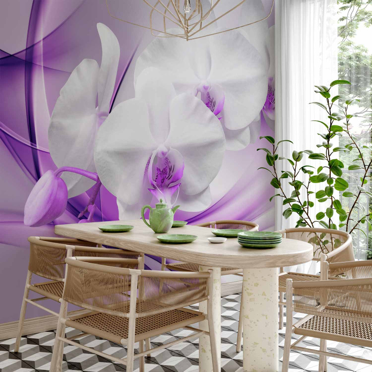 Wall Mural Flowers of Nature - White orchid flower on a background with a purple pattern 61863 additionalImage 4