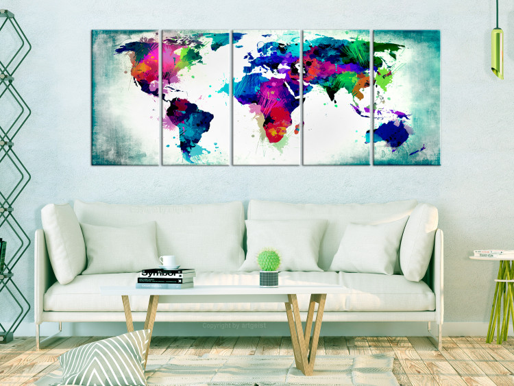 Canvas Print Colorful Chaos (5-piece) - World Map Painted with Watercolor 105173 additionalImage 3