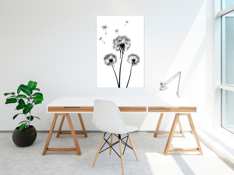 Wall Poster Flying dandelions - black and white composition with three flowers in the wind 115073 additionalImage 17