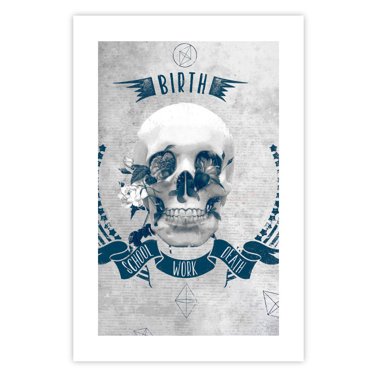 Wall Poster Life Is Brutal - stylish skull with English captions on gray background 123573 additionalImage 19